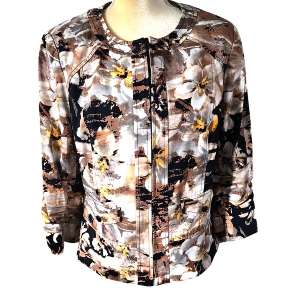 Coldwater Creek Blazer Magnolia Floral Career Zip Ruched 3/4 Sleeves Plus 16